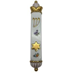 Herend Hungary Hand Painted Porcelain Mezuzah Floral Gold Star of David 2002